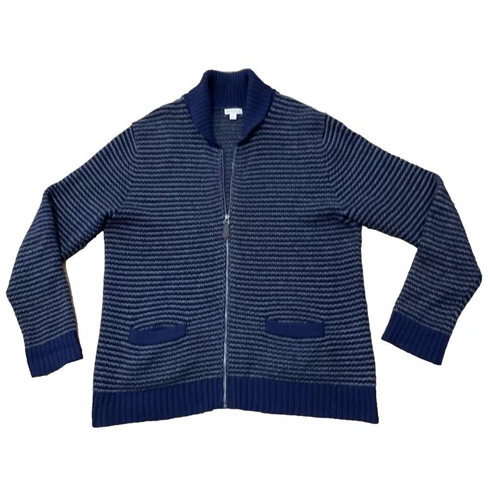 MERONA Wool Blend Zip Sweater Men XL Blue Collared Striped Preppy Knit Jacket XL